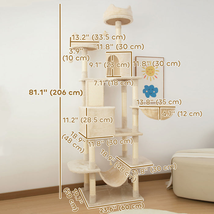 Pawhut Cat Tower, 81\" Cat Tree For Large Cats Adult W/ Scratching Posts, Scratching Board, Cat Condos, Cat Beds, Hammocks, Jumping Platforms, Toy Balls, Rope Cat Toy, Beige