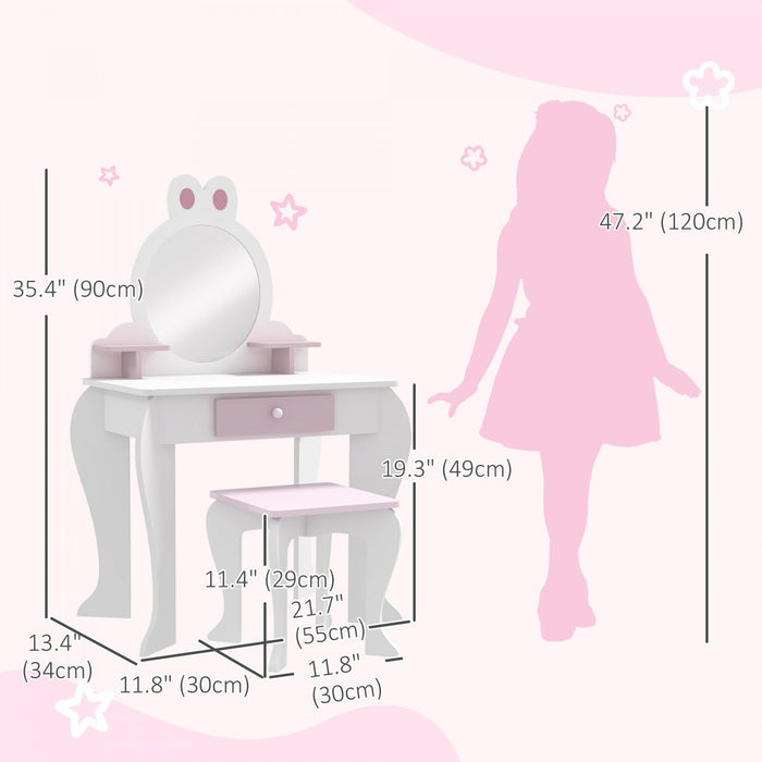 Qaba Kids Vanity Set With Mirror And Stool, Makeup Vanity Table For Children 3-6 Years Old, With Drawer Storage Boxes, Rabbit-design