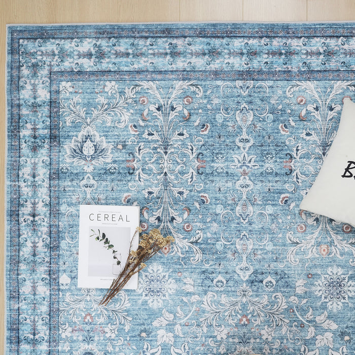 Aqua Green Flora Washable Non-slip Low Pile Area Rug 5'x7'
