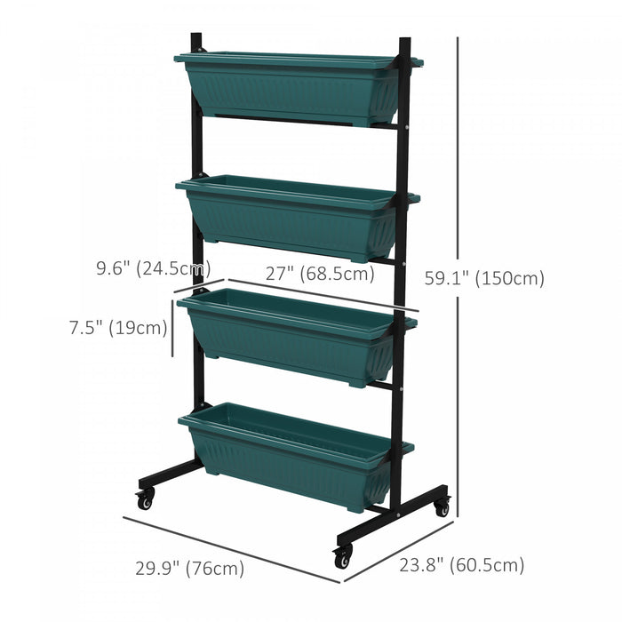 Outsunny 4-tier Vertical Raised Garden Bed With 4 Planter Boxes, Wheels, Outdoor Plant Stand Grow Container With Leaking Holes For Balcony Patio Outdoor, Green