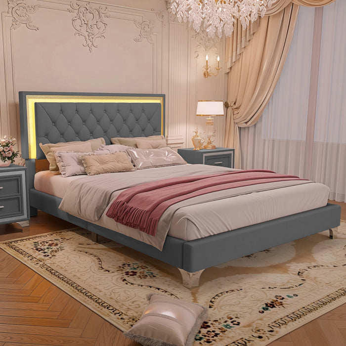 Sophia Upholstered Bed Frame With Led Lights And Velvet Tufted Headboard,queen Size,grey Queen Bed