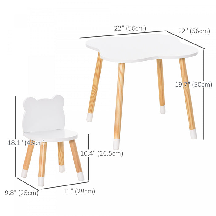 Qaba Kids Wooden Table And 2 Chairs Set Children 3-piece Dining Table With Cute Bear Shape And Rounded Corners For 1-4 Years Toddler Reading Drawing Playing, White
