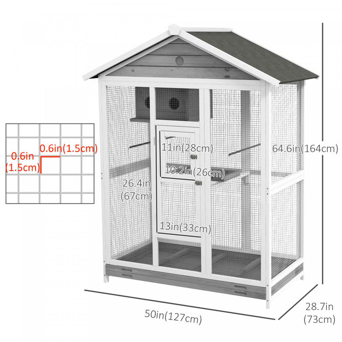 Pawhut 65\" Bird Cage Large Wooden Aviary For Canary With Standing Pole Nest Slide-out Tray, For Indoor Outdoor, Grey