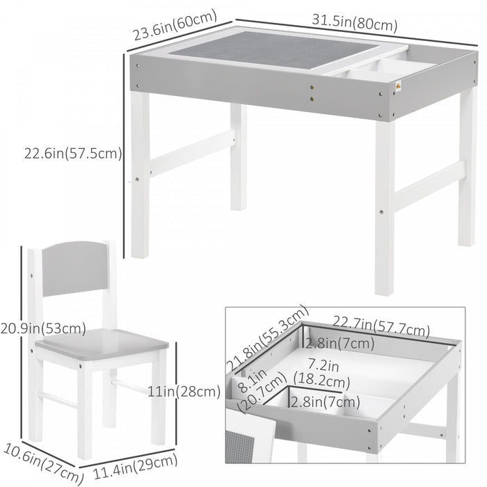 Qaba Lego Table With Storage For Kids, Multi-usage Kids Table And Chair Set With Building Blocks Desktop, 2pcs Toddler Activity Furniture With Multiple Storage Space, For Arts & Crafts Homework, Grey