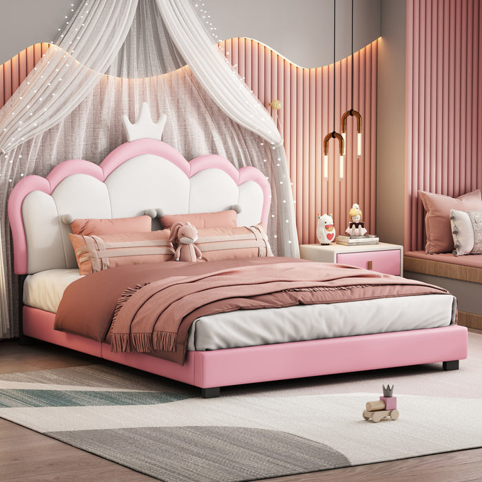 Judson Upholstered Princess Bed With Crown Headboard And Pu Platform Frame,full Size,pink Full Bed