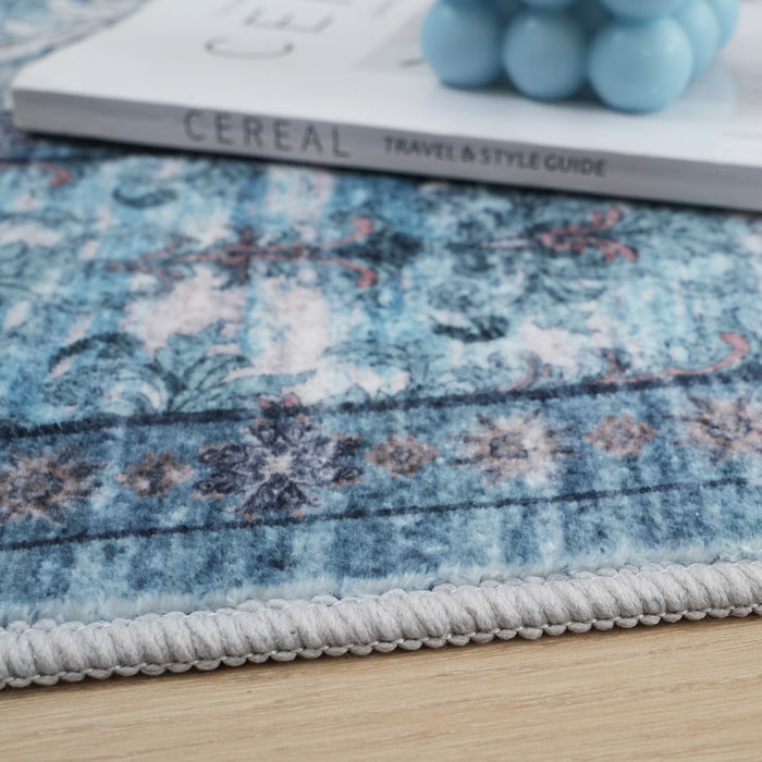 Aqua Green Flora Washable Non-slip Low Pile Area Rug 5'x7'