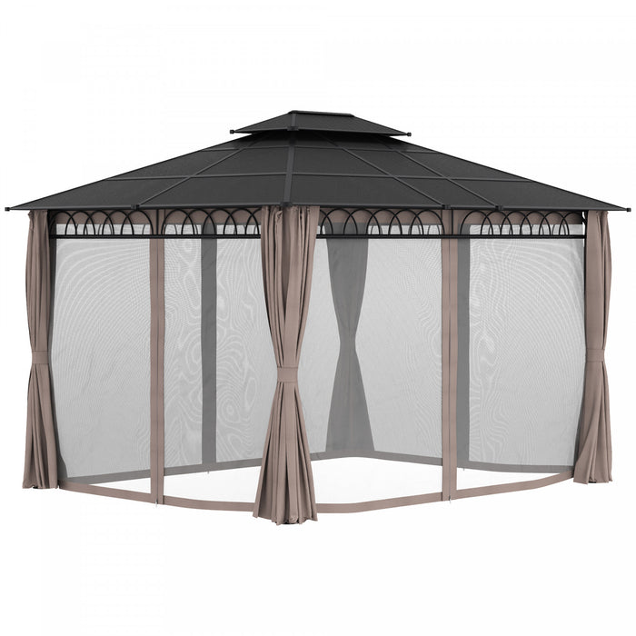 Outsunny 10' X 12' Outdoor Gazebo Canopy, Double roof Hardtop Gazebo With polycarbonate Roof, Steel Frame, Nettings and curtains, For garden, lawn, backyard and deck, Khaki