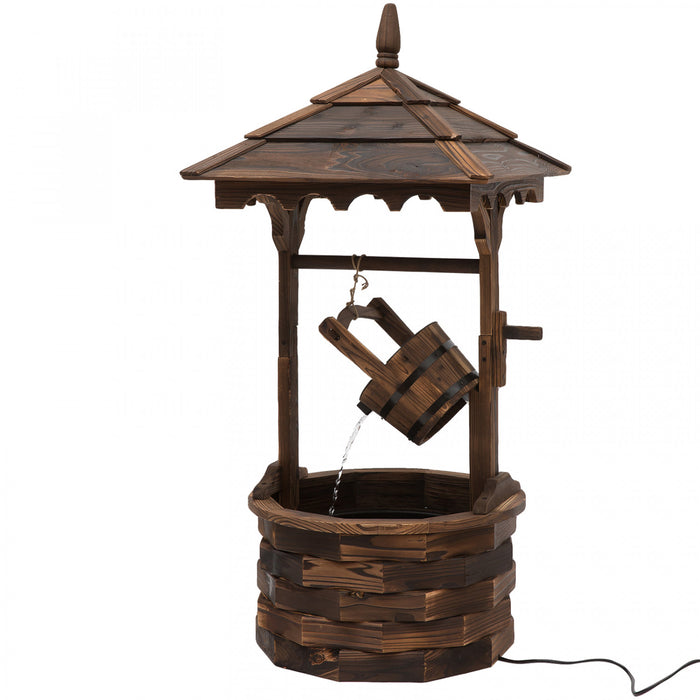 Outdoor Wooden Wishing Well Fountain With Hanging Barrel, 47.25\" Tall Rustic Waterfall Fountain With Electric Pump, Stained Wood