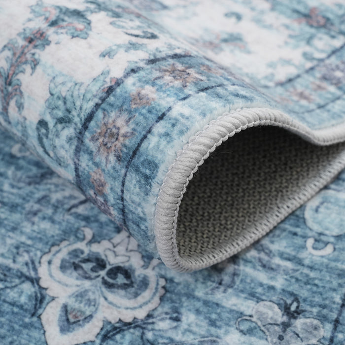 Aqua Green Flora Washable Non-slip Low Pile Area Rug 5'x7'