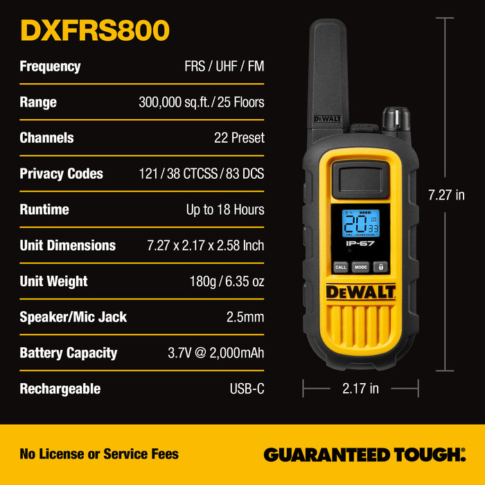 2 Dewalt DXFRS800 Work Site Walkie Talkies - 2 Watt, Heavy Duty, Long Range Indoor-Outdoor Two Way Radios + 22 Channel