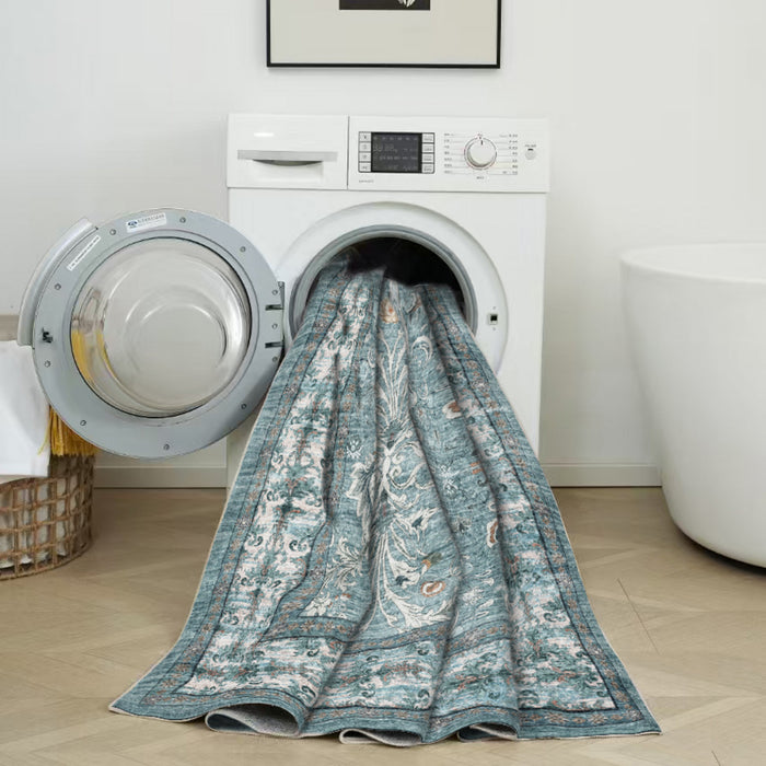 Aqua Green Flora Washable Non-slip Low Pile Area Rug 5'x7'