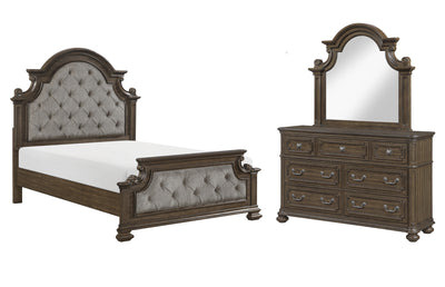 Ambrose 5pc Bedroom Set with Bed, Dresser & Mirror, Wooden, Fabric, Brown - Queen Size | Ensemble de chambre à coucher Ambrose 5 pièces en bois et en tissu avec lit, commode et miroir, brun - format grand lit