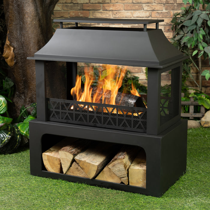 Deko Living Outdoor Metal Fireplace with Log Storage