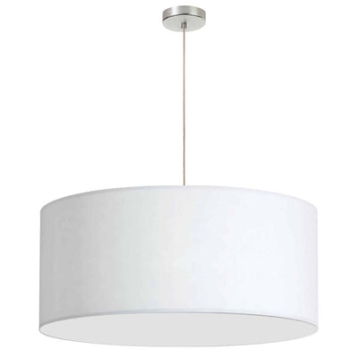 Dainolite 1 Light Drum Pendant 28" Dia Polished Chrome Finish White Shade No Bottom Diffuser Lamp|Luminaire suspendu de Dainolite de 28 po de diamètre avec abat-jour cylindrique blanc sans fond qui diffuse la lumière, fini chromé poli et 1 ampoule