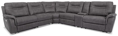Floy 6-Piece Faux Suede Power Reclining Sectional with Power Headrests, Console and USB Port - Grey | Sofa sectionnel à inclinaison électrique Floy 6 pièces en suédine avec appuie-têtes électriques, console et port USB - gris | FLO2GYS6