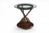 Hatfield 20” Eclectic End Table with Glass Top & Carved Oars in Wood Base – Dark Oak