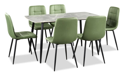 Arlo 7pc Dining Set with Table & 6 Green Chairs, Sintered Stone & Metal, 55"W - Green & Grey/Black | Ensemble de salle à manger Arlo 7 pièces en pierre frittée et métal avec table de 55 po (L) et 6 chaises vertes - vert, gris et noir