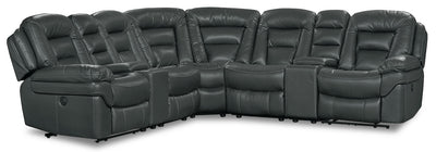 Leo 7-Piece Leather-Look Fabric Power Reclining Sectional with Storage Consoles and Cupholders - Grey | Sofa sectionnel à inclinaison électrique Leo 7 pièces en tissu d’apparence cuir avec consoles de rangement et porte-gobelets - gris