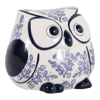 5” Ceramic Leaf Print Chinoiserie Owl – Blue | Hibou de 5 po en céramique de style chinoiserie à motif de feuille - bleu