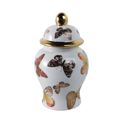 8.25” Ceramic Butterflies Temple Jar – White | Pot temple de 8,25 po en céramique avec papillons - blanc