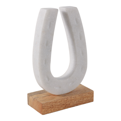 Marble 8.25” Horseshoe Sculpture with Wood Base – White | Sculpture de fer à cheval de 8,25 po en marbre avec base en bois - blanche