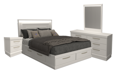 Alpine 6pc Bedroom Set with Storage Bed, Dresser, Mirror & Nightstand, White - Queen | Ensemble de chambre à coucher Alpine 6 pièces avec lit de rangement, commode, miroir, table de nuit et éclairage, blanc - grand lit
