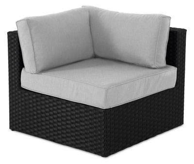Barbados Corner Outdoor Patio Chair - Hand-Woven Resin Wicker, UV & Weather Resistant - Black/Grey | Fauteuil en coin Barbados pour la terrasse à l’extérieur - osier en résine tressé à la main, résistant aux rayons UV et aux intempéries - noir et gris