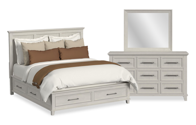Celine 5pc Bedroom Set with Storage Bed, Dresser & Mirror, Ivory - King Size | Ensemble de chambre à coucher Celine 5 pièces avec lit de rangement, commode et miroir, ivoire - format très grand lit