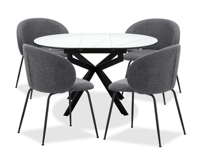 Evita 5pc Dining Set, Table & 4 Grey Chairs, Sintered Stone, 41-54"W Extension - Grey/Black | Ensemble de salle à manger Evita 5 pièces en pierre frittée avec table ronde de 41 po à 54 po (L) avec rallonge et 4 chaises grises - gris et noir