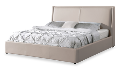 Nico Upholstered Storage Platform Bed in Vegan Leather Taupe Fabric, Hyrdraulic Lift - King Size | Lit plateforme rembourré Nico en tissu de cuir végétalien taupe avec rangement et levage hydraulique - format très grand lit