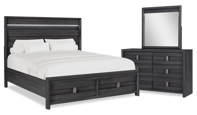 Rocco 5pc Bedroom Set with LED Lit Storage Bed, Dresser & Mirror, Dark Grey - King Size | Ensemble de chambre à coucher Rocco 6 pièces avec lit de rangement illuminé à DEL, commode, miroir et table de nuit, brun clair - format très grand lit