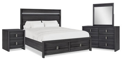 Rocco 6pc Bedroom Set, LED Storage Bed, Dresser, Mirror & Nightstand, Dark Grey - King Size | Ensemble de chambre à coucher Rocco 6 pièces avec lit de rangement à DEL, commode, miroir et table de nuit, gris foncé - format très grand lit