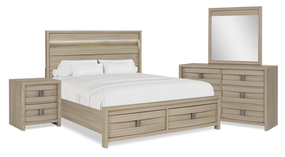 Rocco 6pc Bedroom Set, LED Storage Bed, Dresser, Mirror & Nightstand, Light Brown - King Size | Ensemble de chambre à coucher Rocco 6 pièces avec lit de rangement à DEL, commode, miroir et table de nuit, brun clair - format très grand lit