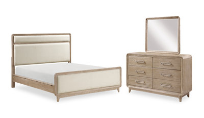 Sasha 5pc Bedroom Set with Fabric Bed, Dresser & Mirror, Natural Oak Brown - King Size | Ensemble de chambre à coucher Sasha 5 pièces avec lit en tissu, commode et miroir, brun chêne naturel - format très grand lit