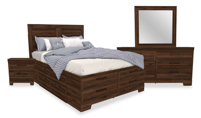 Yorkdale 6pc Set,12-Drawer Bed, Dresser, Mirror & Nightstand, Walnut Brown - Queen Size | Ensemble de chambre à coucher Yorkdale 6 pièces avec lit de rangement à 12 tiroirs, commode, miroir et table de nuit, brun noyer - format grand lit
