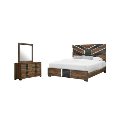 Titanium 5pc Bedroom Set with Bed, Dresser & Mirror, LED, Modern, Brown - King Size | Ensemble de chambre à coucher moderne Titanium brun 5 pièces avec lit, commode, miroir et éclairage à DEL - format très grand lit