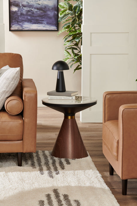 Alwin 19.5” Modern Round End Table with White Sintered Stone Top - Brown