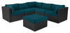 Barbados 6-Piece Outdoor Patio Set with 3 Corner Chairs, 2 Armless Chairs & Ottoman - Hand-Woven Resin Wicker, UV & Weather Resistant - Black/Blue