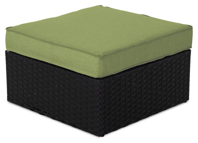 Barbados Outdoor Patio Ottoman - Hand-Woven Resin Wicker, UV & Weather Resistant - Black/Green | Pouf Barbados pour la terrasse à l’extérieur - osier en résine tressé à la main, résistant aux rayons UV et aux intempéries - noir et vert