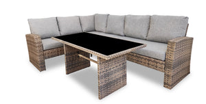 Bergen 3-Piece Outdoor Patio Conversation Set with L-Shape Sectional & Glass Top Dining Height Table - Hand-Woven Resin Wicker, UV & Weather Resistant - Grey