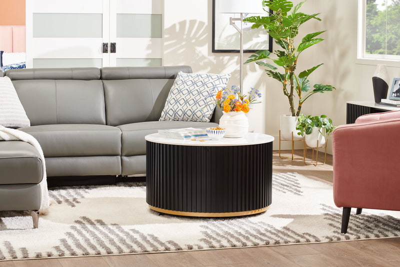 Kort & Co. Capri 32” Modern Round Coffee Table with White Sintered Stone Top and Casters - Black and Gold