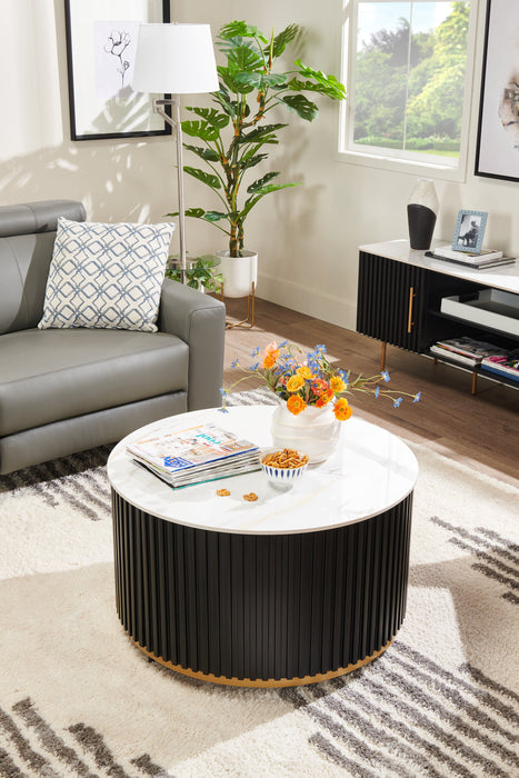 Kort & Co. Capri 32” Modern Round Coffee Table with White Sintered Stone Top and Casters - Black and Gold