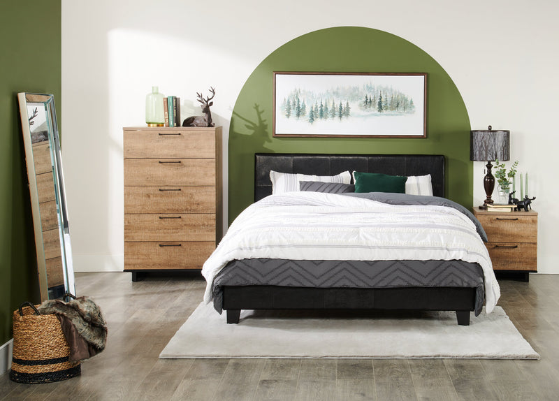 Chase Upholstered Bed in Brown Vegan-Leather Fabric - Queen Size