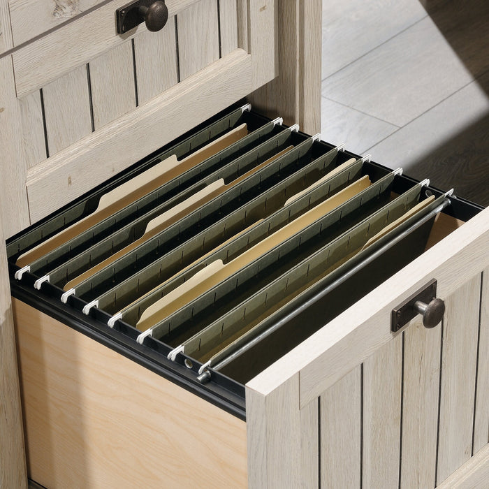 Costa 65.12\" Commercial Grade L-Shaped Office Desk with 3-Drawers & Cabinet - Chalked Chestnut