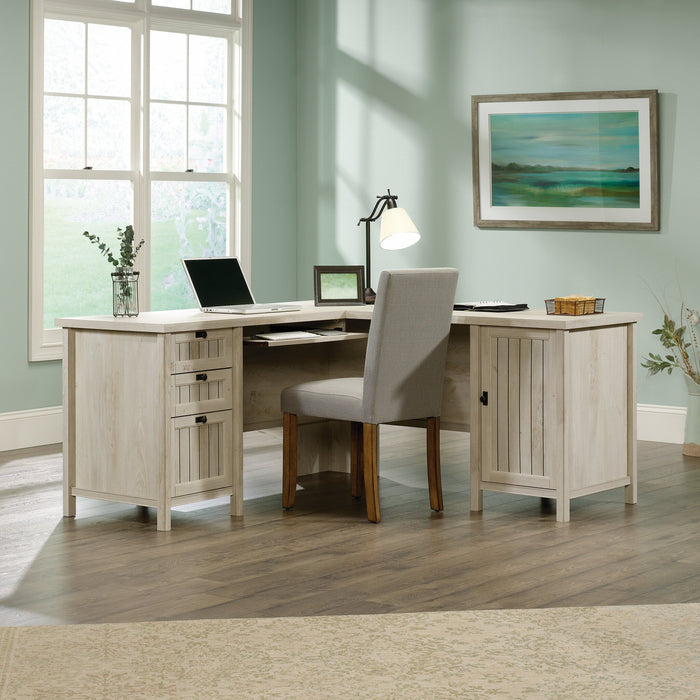 Costa 65.12\" Commercial Grade L-Shaped Office Desk with 3-Drawers & Cabinet - Chalked Chestnut
