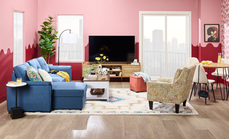 Eden 2-Piece Reversible Fabric Sleeper Sectional with Storage Chaise and Removable Back Cushions - Blue