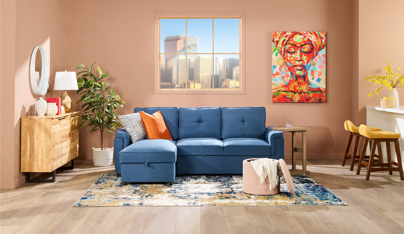 Eden 2-Piece Reversible Fabric Sleeper Sectional with Storage Chaise and Removable Back Cushions - Blue