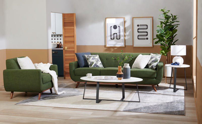 Kort & Co. Freeman 88\" Linen-Look Fabric Sofa with Wood Base and Tufted Back Cushions - Avocado Green