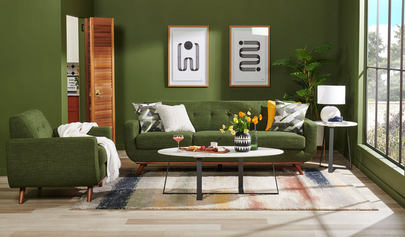 Kort & Co. Freeman 88\" Linen-Look Fabric Sofa with Wood Base and Tufted Back Cushions - Avocado Green