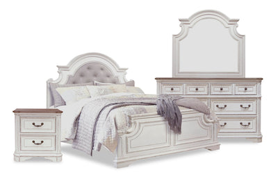 Grace 6pc Bedroom Set with Bed, Dresser, Mirror & Nightstand, Wooden, Fabric, Antique White - King Size | Ensemble de chambre à coucher Grace 6 pièces en bois et en tissu avec lit, commode, miroir et table de nuit, blanc antique - format très grand lit
